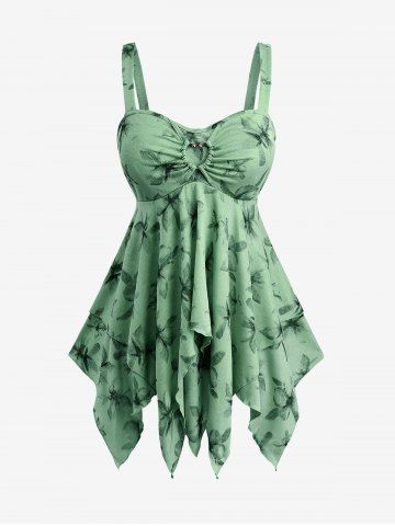 Plus Size Floral Print Heart Buckle Layered Handkerchief Asymmetric Tank Top - GREEN - 4X | US 26-28