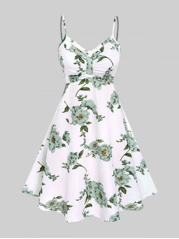 Plus Size Twisted Plunging Crop Top and 3D Flower Print Spaghetti Strap Cottagecore Dress