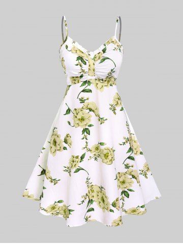 Plus Size Twisted Plunging Crop Top and 3D Flower Print Spaghetti Strap Cottagecore Dress