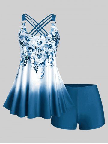 Plus Size & Curve Ombre Color Floral Print Crisscross Modest Tankini Swimsuit - BLUE - 1X