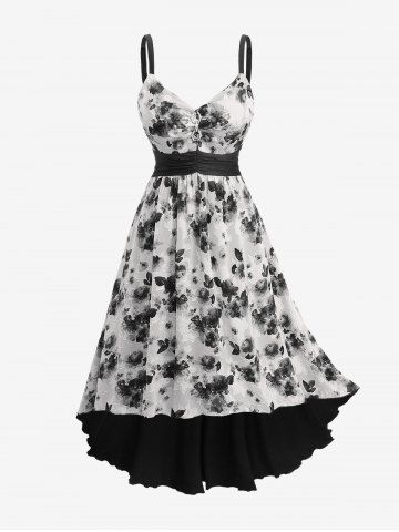 Plus Size Jacquard Cut Flower Chain Decor Ruched Asymmetric High Low Dress - BLACK - 1X | US 14-16