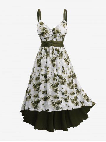 Plus Size Jacquard Cut Flower Chain Decor Ruched Asymmetric High Low Dress - DEEP GREEN - 4X | US 26-28