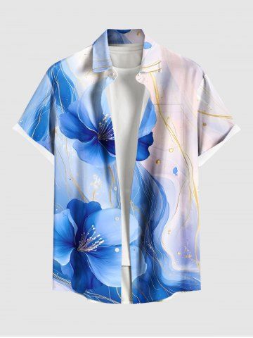 Plus Size Watercolor Ombre Floral Curve Print Hawaii Button Pocket Shirt For Men - BLUE - 6XL