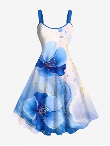 Plus Size Watercolor Ombre Flower Curve Print Hawaii A Line Tank Dress