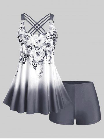 Maillot de bain tankini grande taille et à imprimé floral ombré croisé, coupe modeste - GRAY - 2X
