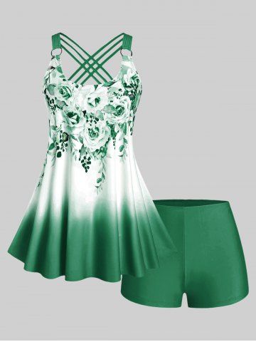 Maillot de bain tankini grande taille et à imprimé floral ombré croisé, coupe modeste - GREEN - 1X
