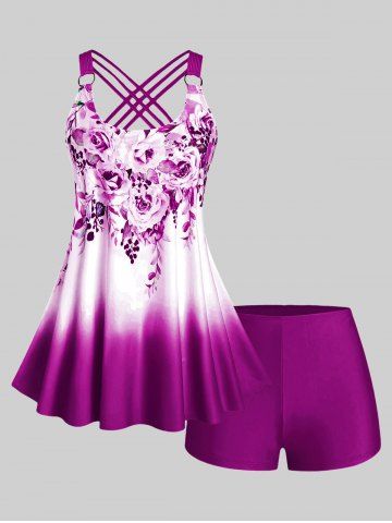 Maillot de bain tankini grande taille et à imprimé floral ombré croisé, coupe modeste - RED - 4X