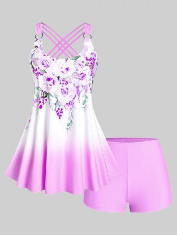 Plus Size & Curve Ombre Color Floral Print Crisscross Modest Tankini Swimsuit - MULTI-B - 2X