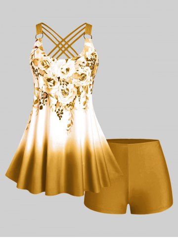 Maillot de bain tankini grande taille et à imprimé floral ombré croisé, coupe modeste - DEEP YELLOW - 4X