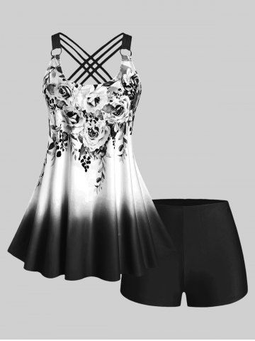Plus Size & Curve Ombre Color Floral Print Crisscross Modest Tankini Swimsuit - BLACK - 5X