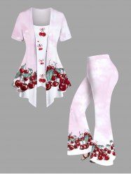 Cherry Leaf Bowknot Print Patchwork Ombre 2 in 1 Women T-shirt and Flare Pants Plus Size Matching Set -  