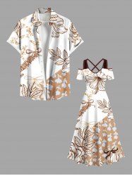 Flower Leaf Branch Bowknot Print Plus Size Matching Hawaii Beach Outfit For Couples -  