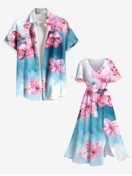 Watercolor Ombre Tie Dye Flower Print Plus Size Matching Hawaii Beach Outfit For Couples -  