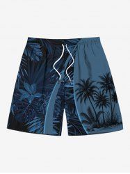 Plus Size Coconut Tree Tropical Leaves Curve Print Hawaii Drawstring Beach Shorts For Men -  
