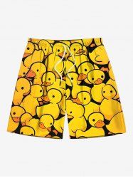 Plus Size Cute Duck Print Hawaii Drawstring Beach Shorts For Men -  