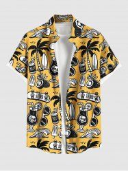 Chemise Manches Longues à Imprimé Boutonnée Vagues et Cocotiers avec Poche pour Hommes - Jaune 2XL