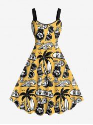 Plus Size Coconut Tree Sea Waves Skull Juice Sunglasses Ice Cream Print Hawaii A Line Tank Dress -  