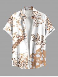 Plus Size Floral Leaves Branch Bowknot Print Hawaii Button Pocket Shirt For Men -  