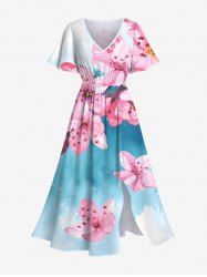 Plus Size Watercolor Ombre Tie Dye Floral Print Hawaii Split Pocket A Line Midi Dress -  