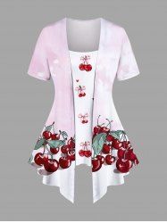 Plus Size Cherry Leaf Bowknot Print Patchwork Ombre 2 in 1 Women T-shirt -  