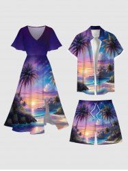 Coconut Tree Ombre Colorful Sky Sea Print Plus Size Matching Hawaii Beach Outfit For Couples -  