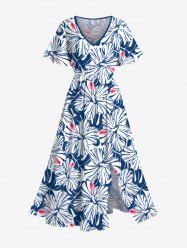 Plus Size Tropical Hibiscus Flowers Print Split Hawaii Midi Dress -  