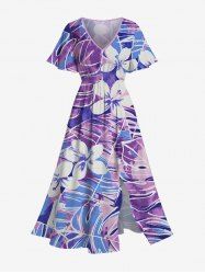 Plus Size Tropical Leaf Flowers Print Split Hawaii Midi Dress -  