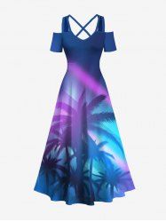 Maxi Robe Hawaïen Ombrée Croisé Palmier Cocotier Imprimés de Grande Taille - Bleu 3X