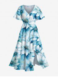 Plus Size Flowers Ombre Print Split Hawaii Midi Dress - Bleu clair 2X