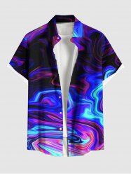 Plus Size Colorful Ocean Currents Print Buttons Pocket Hawaii Shirt For Men -  