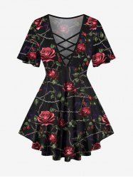 Plus Size Rose Flower Rope Net Print Lattice Crisscross T-shirt - Noir M