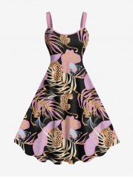Plus Size Tropical Leaves Floral Leopard Print Hawaii A Line Tank Dress -  