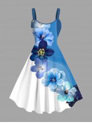 Robe Débardeur Trapèze Ombrée Fleurie Peinture D'Encre Imprimée de Grande Taille - Bleu L