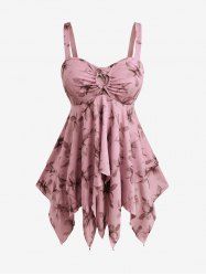 Plus Size Floral Print Heart Buckle Layered Handkerchief Asymmetric Tank Top -  