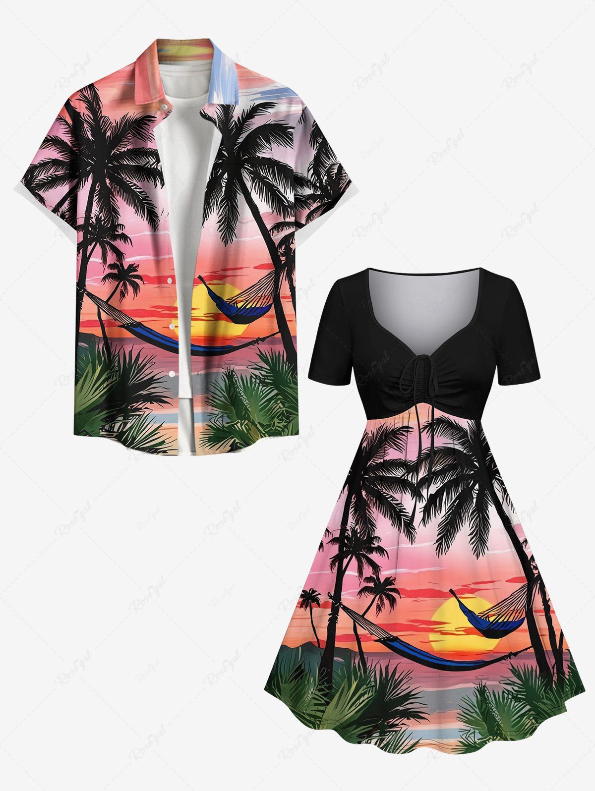 Short Grande Taille Imprimé Arbre Noix de Coco et Plage Assortis pour Couple Rose clair 