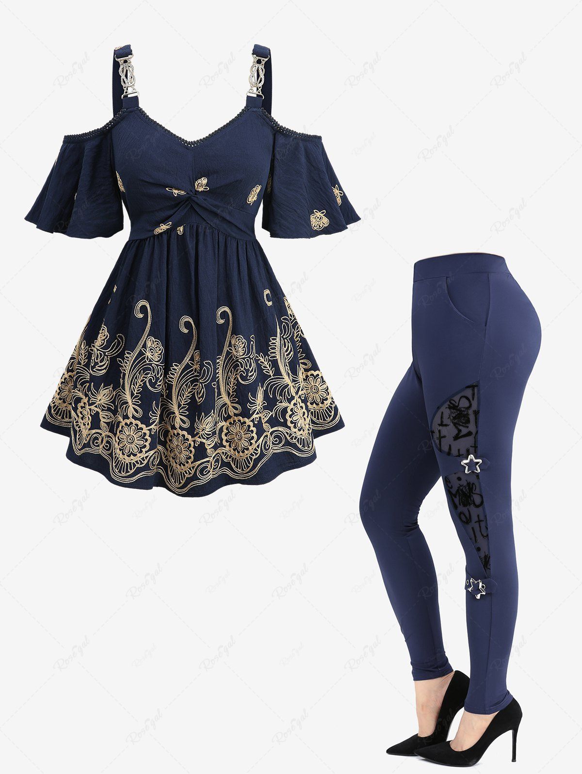 Shop Butterfly Floral Embroidered Twist Cold Shoulder Blouse and Flocking Mesh Leggings Plus Size Outfit  