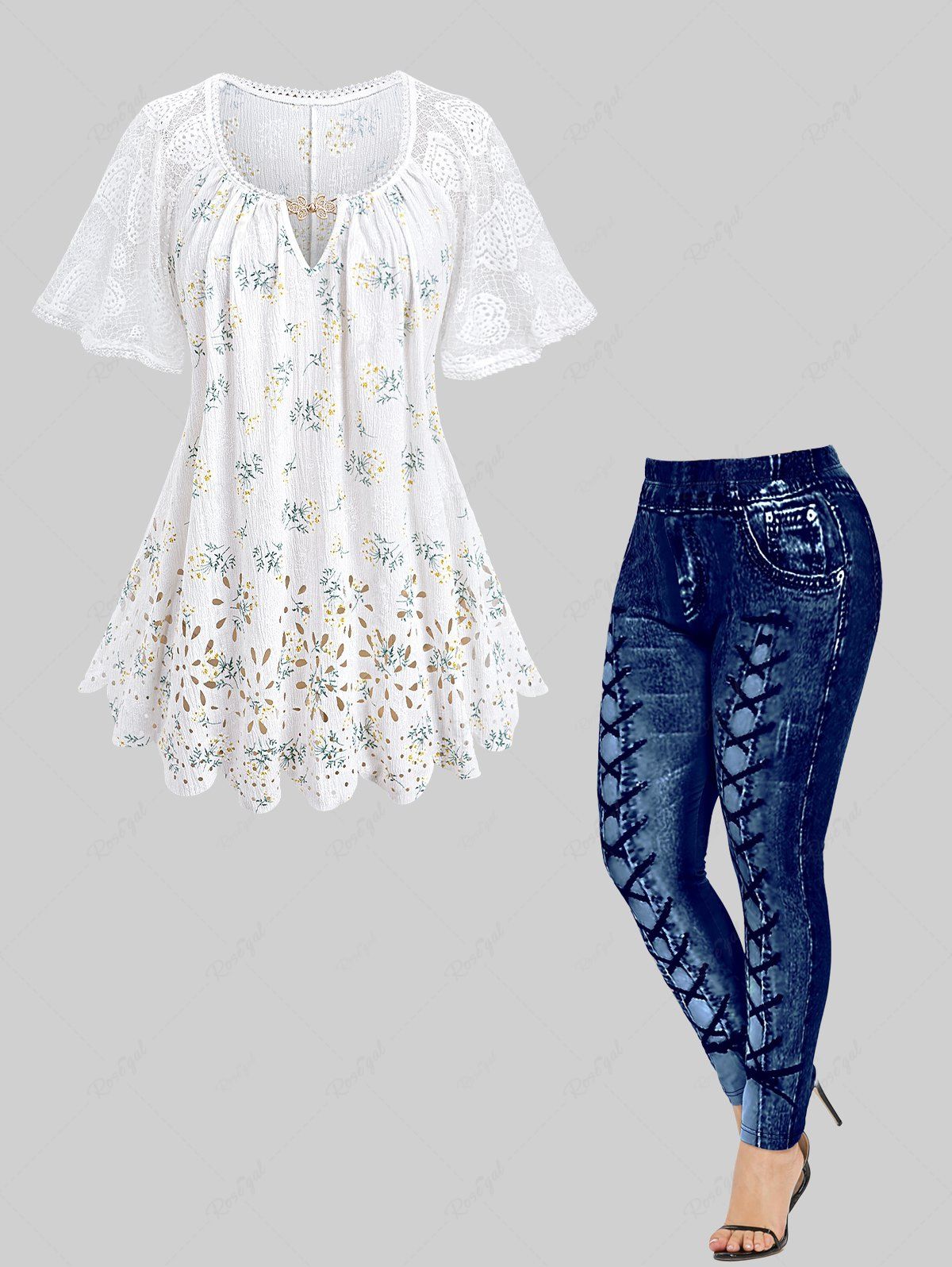 Store Floral Print Laser Cut Scalloped Heart Crochet Sleeves Top and High Waisted Leggings Plus Size Outfit  