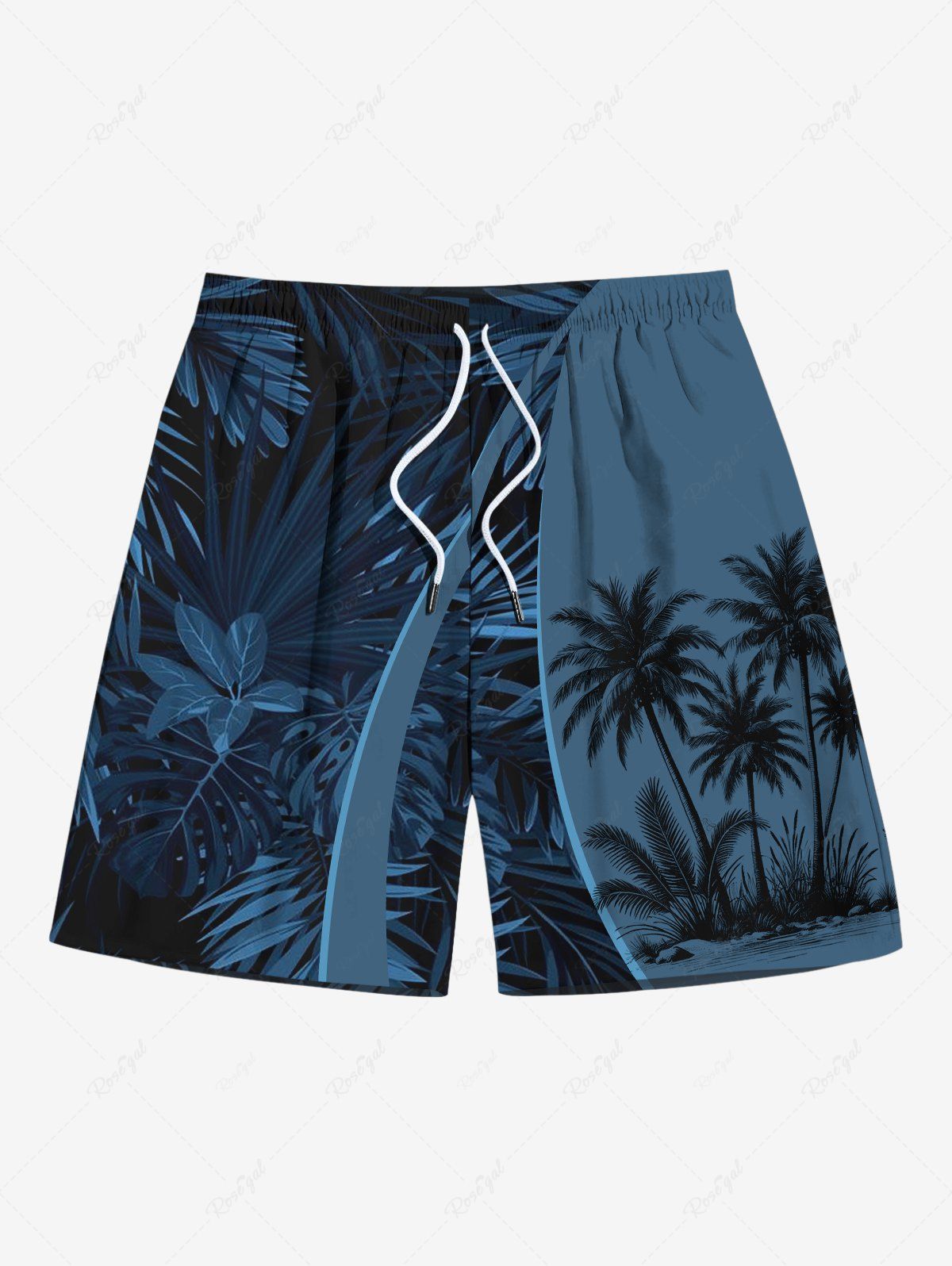 Sale Plus Size Coconut Tree Tropical Leaves Curve Print Hawaii Drawstring Beach Shorts For Men  