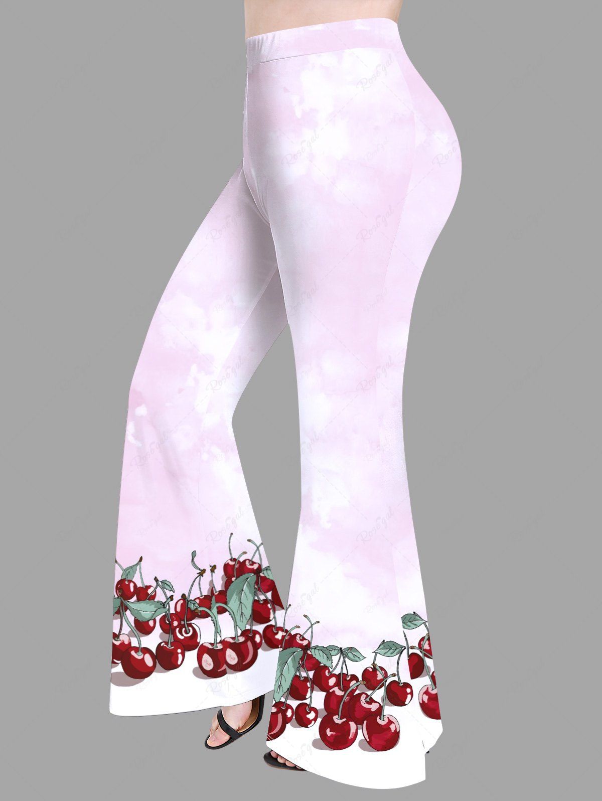Pantalon Évasé Imprimé Cerise et Feuille Grande Taille Rose clair XS