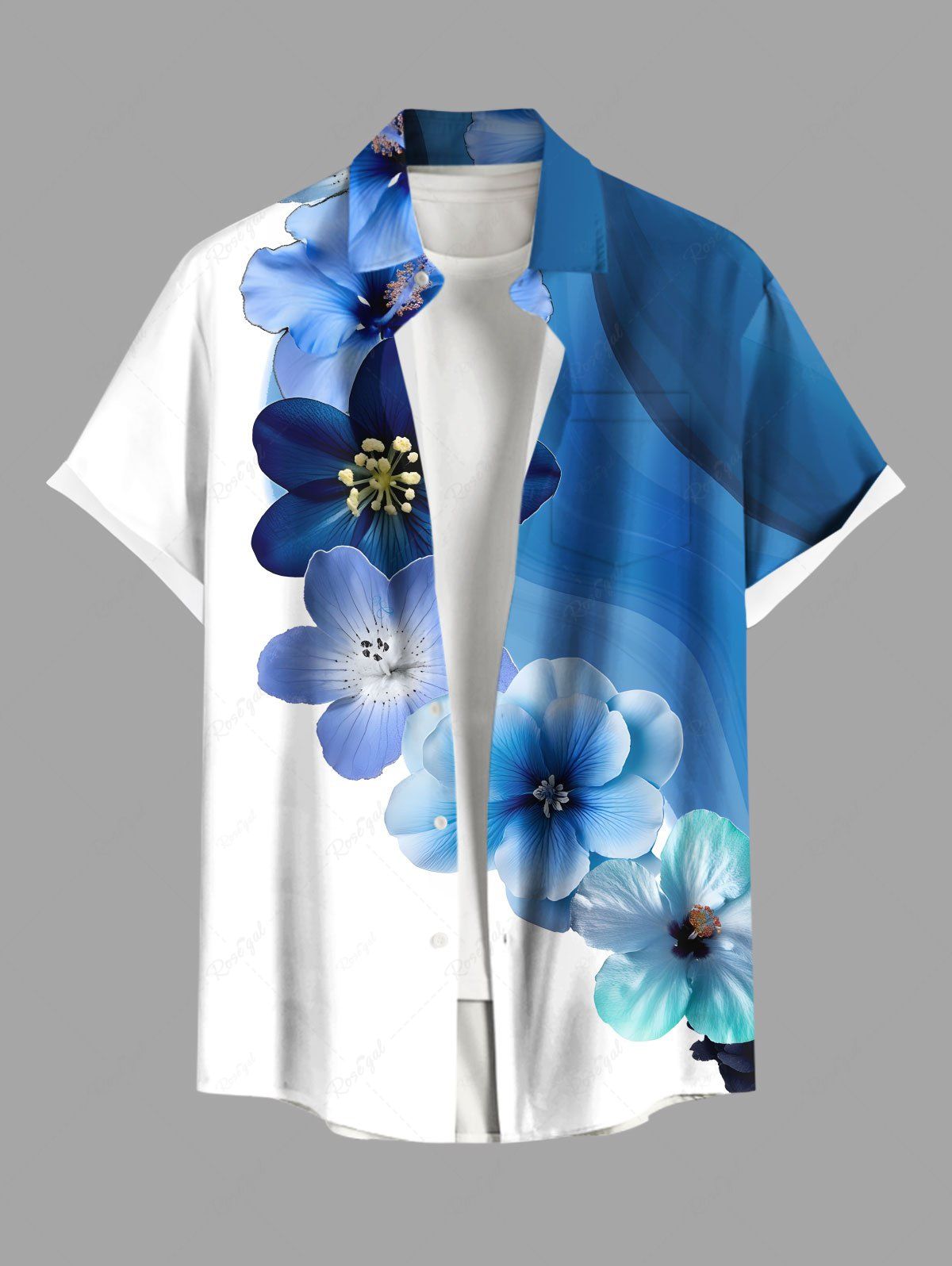 Unique Plus Size Ombre Floral Ink Painting Print Hawaii Button Pocket Shirt For Men  