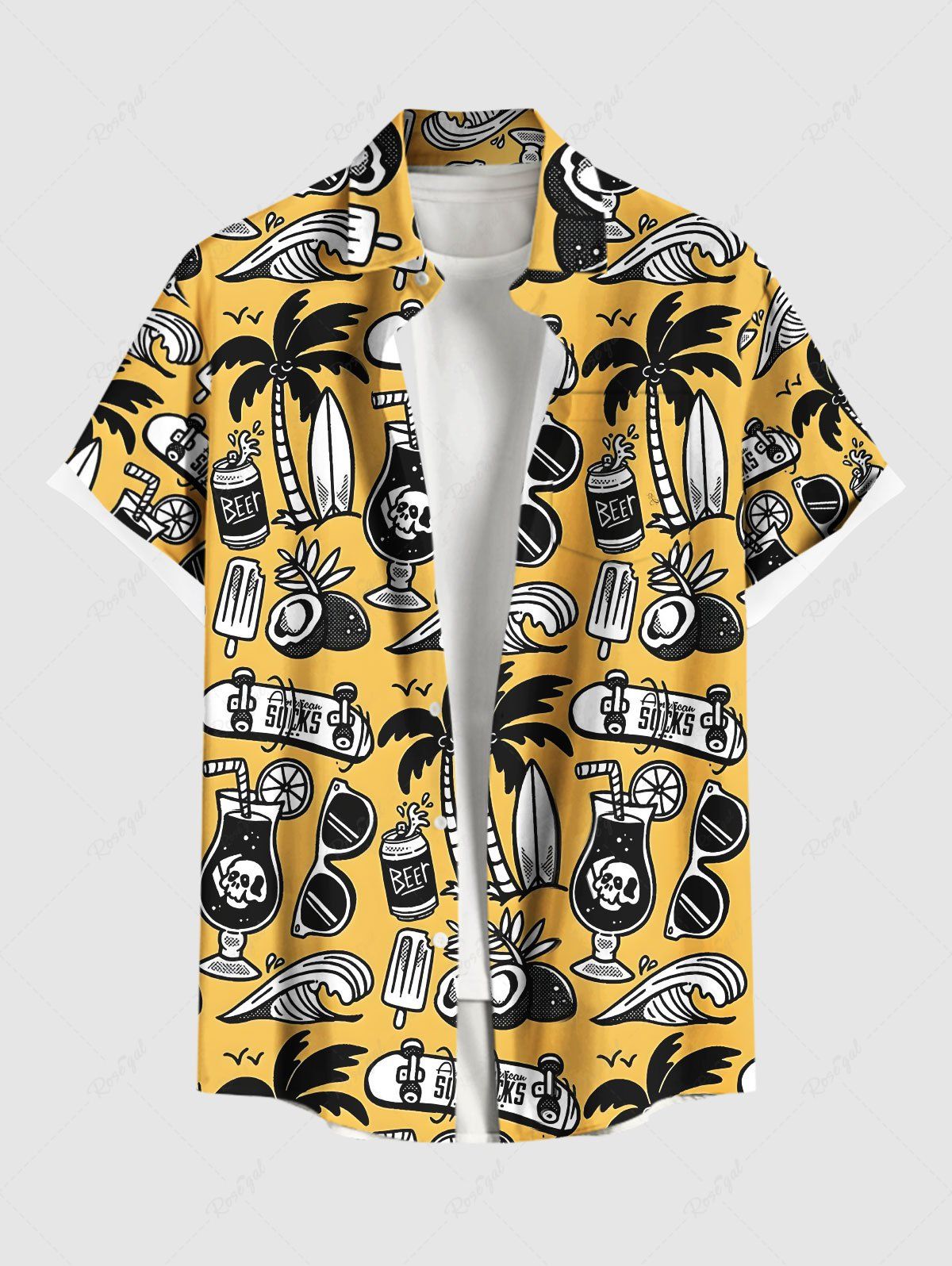 Fashion Plus Size Coconut Tree Sea Waves Skull Juice Sunglasses Ice Cream Print Hawaii Button Pocket Shirt For Men  