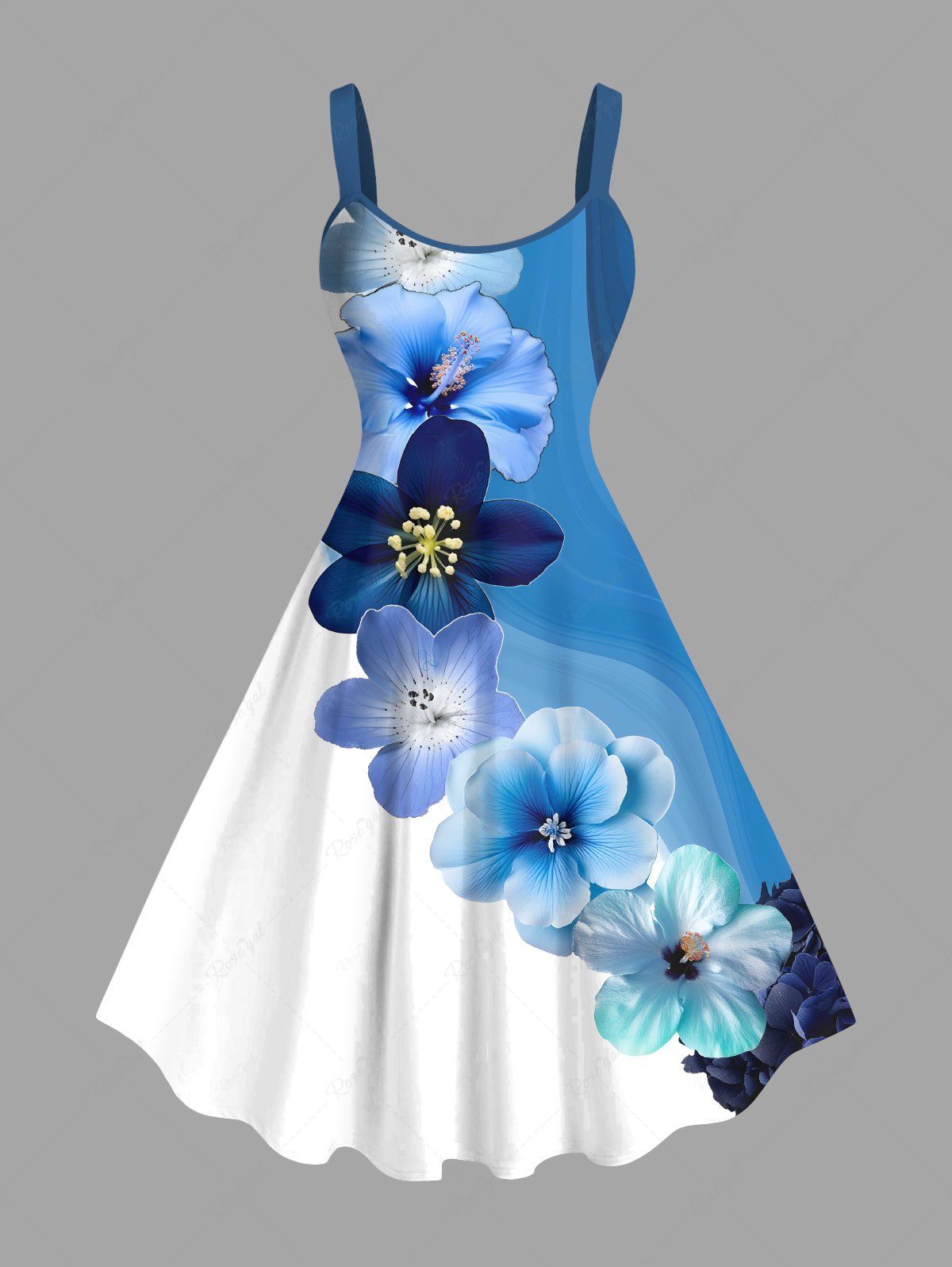 Unique Plus Size Ombre Floral Ink Painting Print Hawaii A Line Tank Dress  