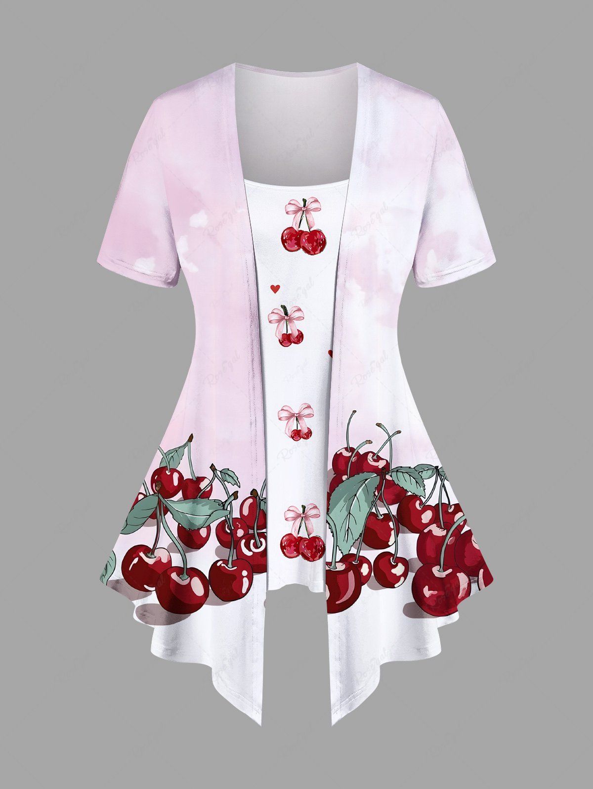 New Plus Size Cherry Leaf Bowknot Print Patchwork Ombre 2 in 1 Women T-shirt  