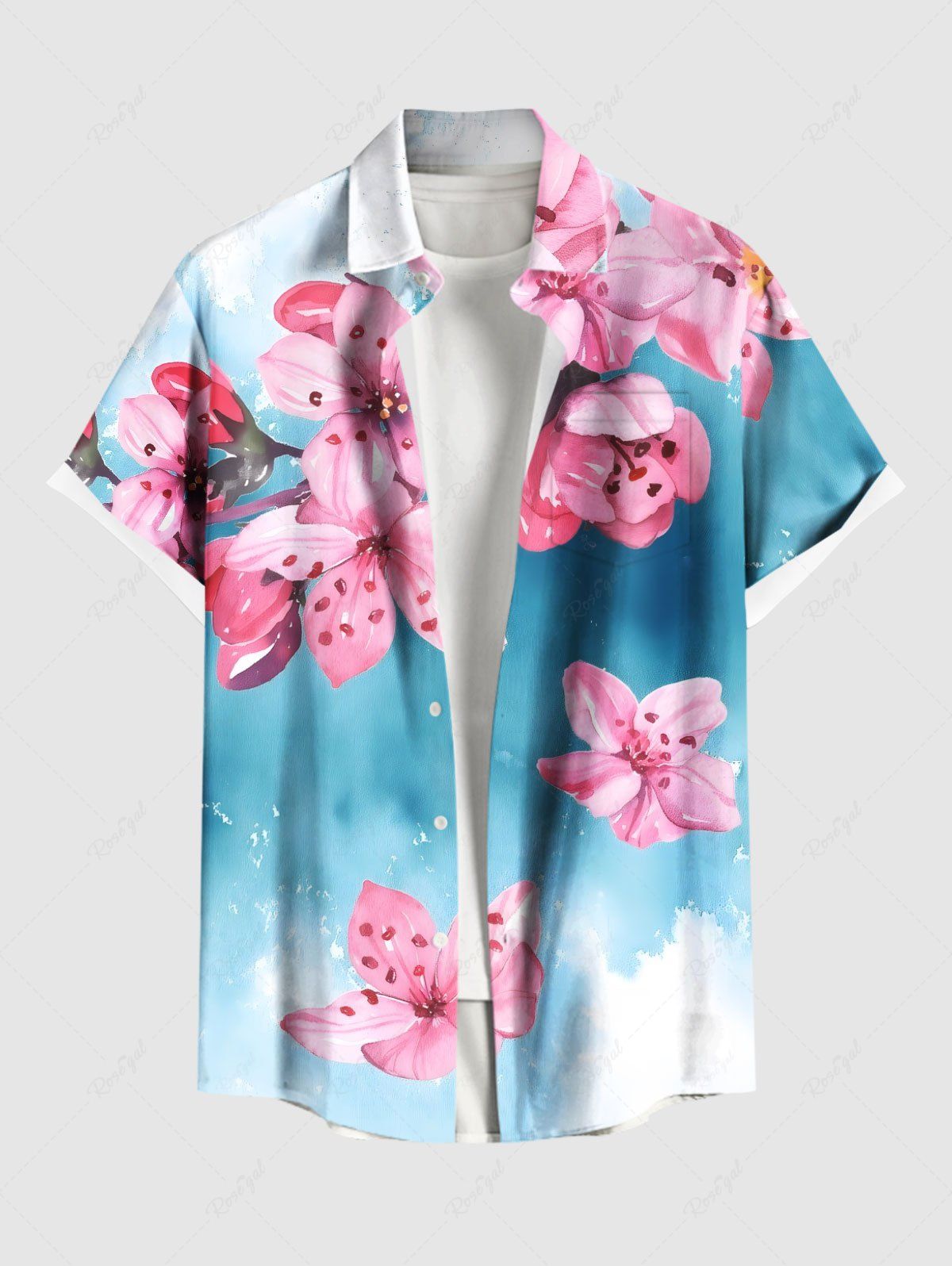 Fashion Plus Size Watercolor Ombre Tie Dye Floral Print Hawaii Button Pocket Shirt For Men  