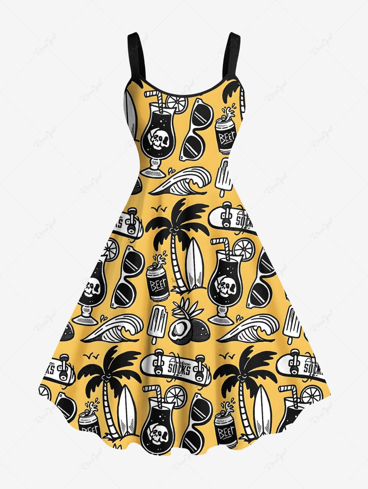 Trendy Plus Size Coconut Tree Sea Waves Skull Juice Sunglasses Ice Cream Print Hawaii A Line Tank Dress  