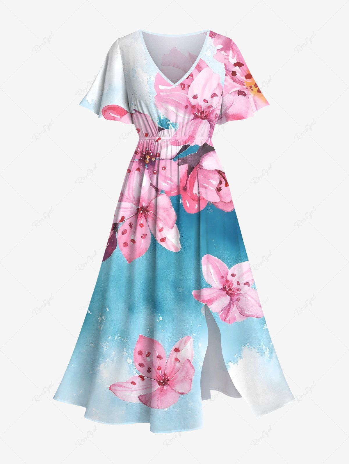 Store Plus Size Watercolor Ombre Tie Dye Floral Print Hawaii Split Pocket A Line Midi Dress  