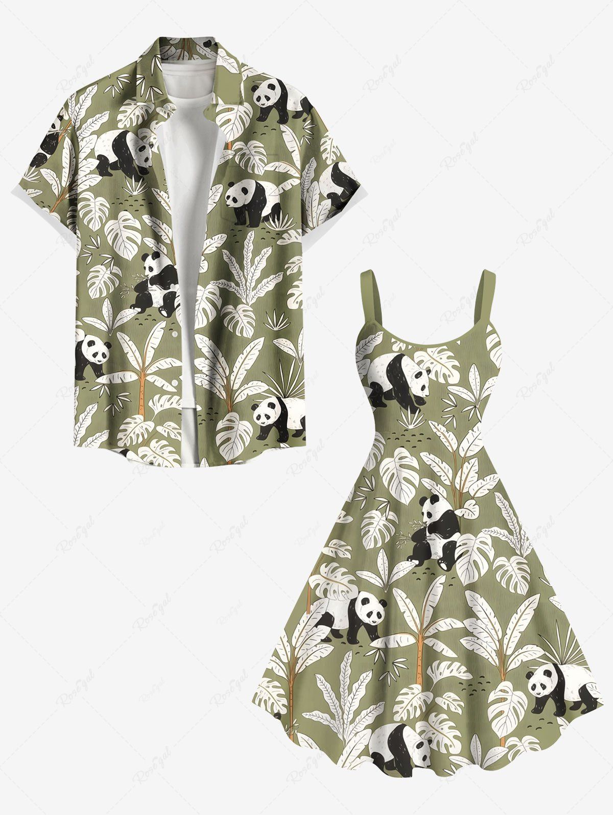 Tenue de plage hawaïenne assortie grande taille à imprimé panda et feuilles tropicales de cocotier pour couples Vert clair 