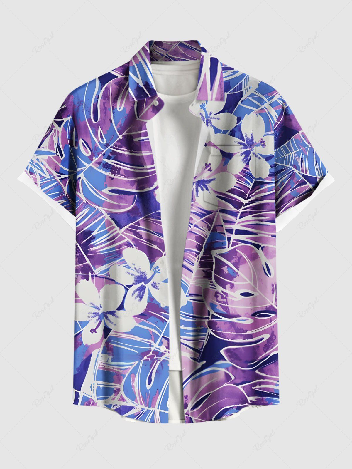 Store Plus Size Tropical Leaf Flowers Print Buttons Pocket Hawaii Shirt For Men  