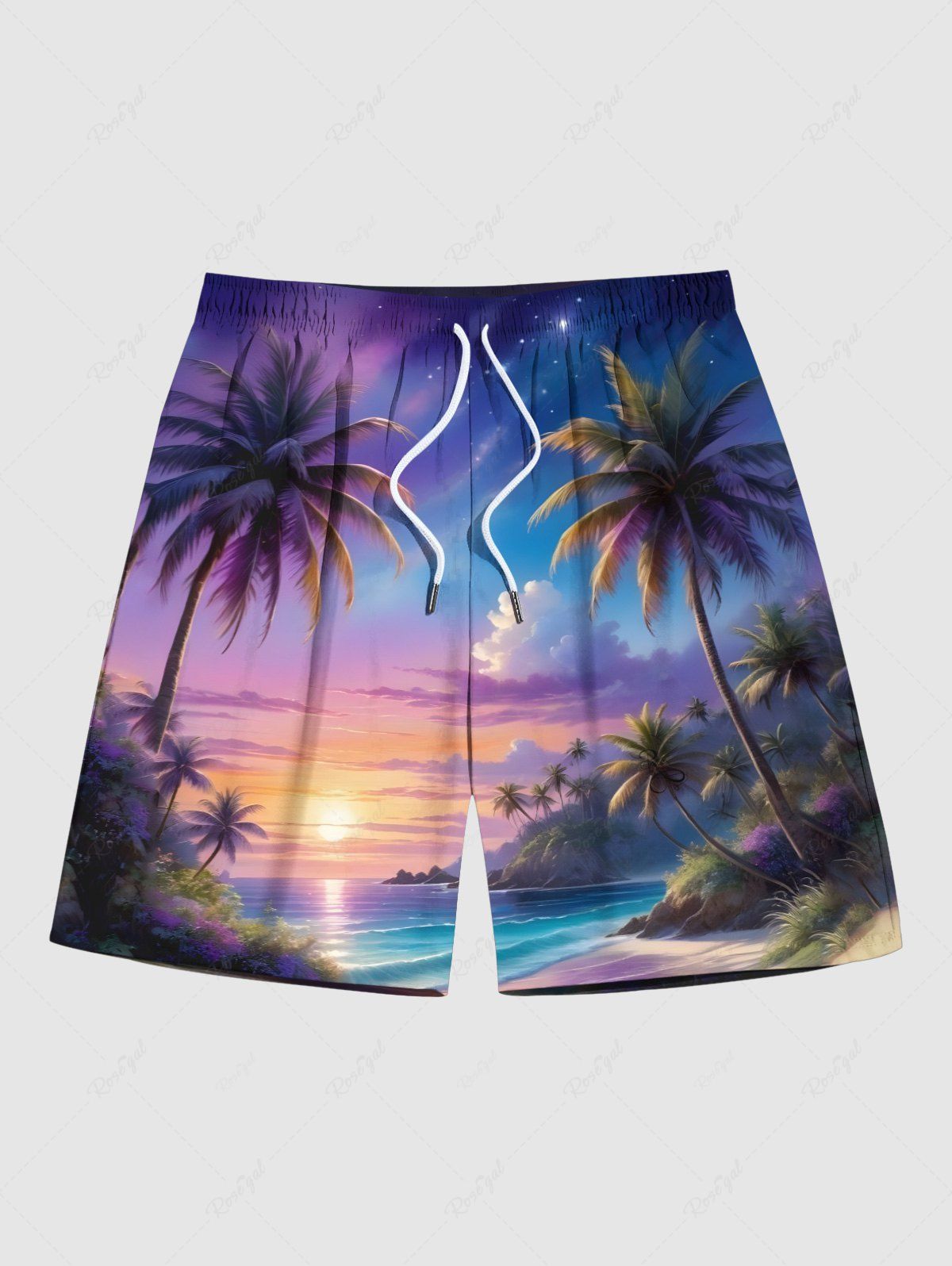Latest Plus Size Coconut Tree Cloud Ombre Seascape Print Hawaii Beach Shorts For Men  