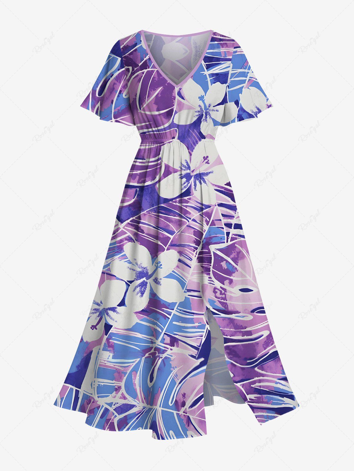 Discount Plus Size Tropical Leaf Flowers Print Split Hawaii Midi Dress  